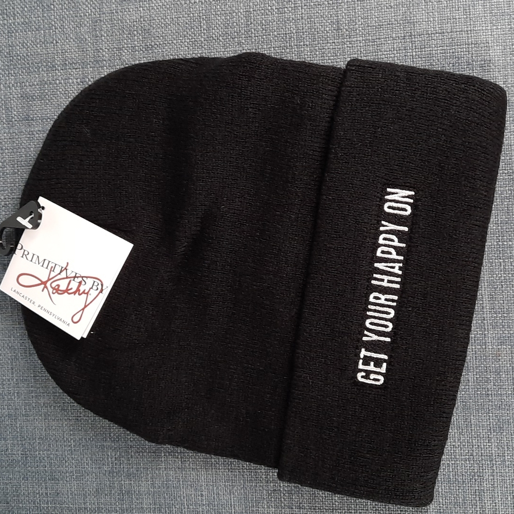 Knit Beanie Fun Funny Get Your Happy On Embroidered Casual Streetwear Black…